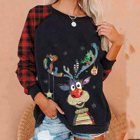 Tokmisa Ti#10277 Christmas Women S Casual Round Neck Plaid Print Splicing Long Sleeve Sweatshirts Blouse T-shirt Tops Tok 3877