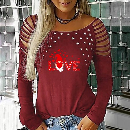 Tokmisa CO303 Women S Tops Sexy Off Shoulder Valentine S Day Printed Long Sleeve Hollow Out O-Neck T-shirt Blouse Shirt #3323