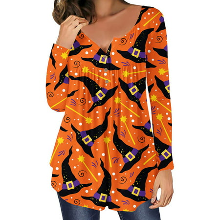 Usupdd Women Casual T-shirt Halloween Printed Long Sleeve Round Neck Ruched Pullover Blouse Tops Usupdd 220808-7796