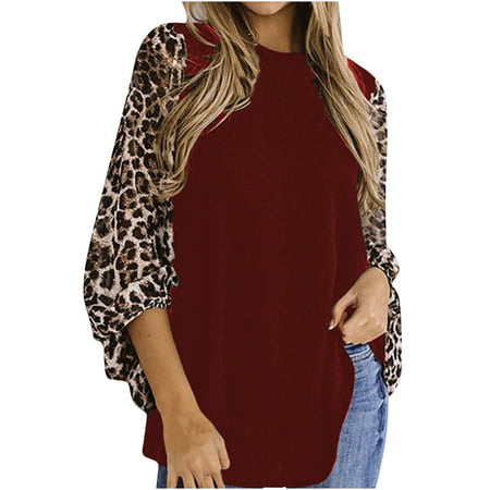 Sentmoom Long-Sleeves Color Block Printed T-Shirt  Cute Graphic Tees for Women Self Tie Shirts Round Neck Temperament Comfy Tee Tops Elegant Regular T