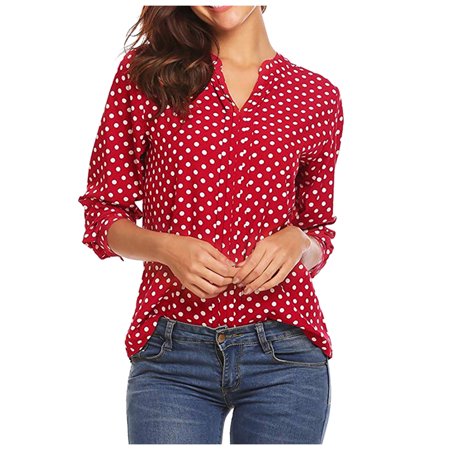 Cotton Shirts for Women  Tunic Tops Women S Long Sleeve Tops Brown Crop Women Fashion Casual Polka Pot Print Long-Sleeved V-Neck Shirt Top Neck T-Shir