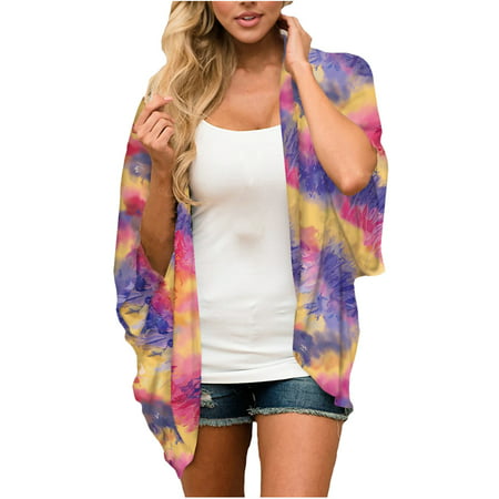 Miximx Women Printing Tops Chiffon Beach Kimono Long Cardigan Blouse Shawl Tops Outwear - Gifts for Women Women Printing Tops a-a#51082 Winter Clothes