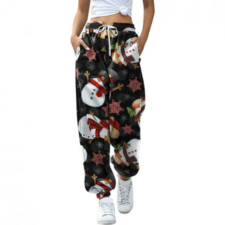 Girls Sweatpants Womens High Waist Trousers for Women Christmas Print High Waist Sporty Gym Athletic Fit Jogger Baggy Lounge Pants with Pockets 8835 C
