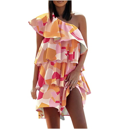 FengLS Women Sexy Printed Sloping Shoulders Sleeveless Ruffle Dresses 10-Ladies Clothes-10A#4723 Womens Clothes MYFWomen Sexy Printed