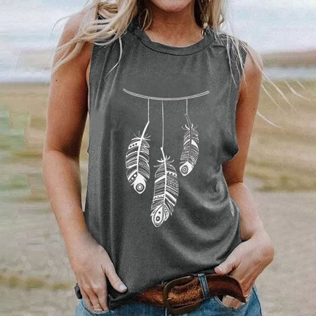FengLS Women S Feather Print Tank Tops Adult Girls Summer Beach Funny Graphic Tanks Vest Blouse 10-Ladies Clothes-14A#5588 Womens Clothes MYFWomen S F