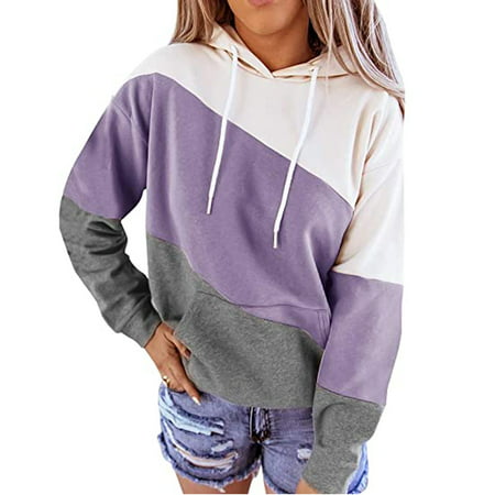 Hoodies Woman Clearance  Women Color Block Striped Hoodies Sweater Long Sleeve Casual Sweatshirt Top