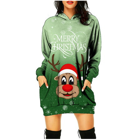 FengLS Womens Casual with Pocket Christmas Print Long Sleeve Loose Hooded Women Dress 10-Ladies Clothes-10A#5999 Womens Clothes MYFWomens Casual with