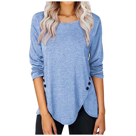 Women S Long Sleeve Tee Shirt  Crop Tops for Women Plus Size Tops Cute Shirts Fall Casual Fashion Solid Color Button Long-Sleeved T-Shirt Women S Top 