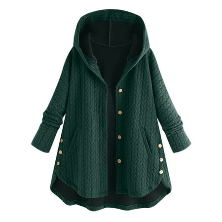 Miximx Women Plus Size Casual Button Pockets High Low Long Sleeve Hooded Coat Tops - Gifts for Women Women Plus Size a-a#48642 Winter Clothes for Wome