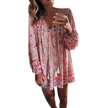 Usupdd Womens Dresses Women S Spring and Autumn Long Sleeve V-Neck Loose Waist Printed Pullover Dress Female Sundress 22020801-6678
