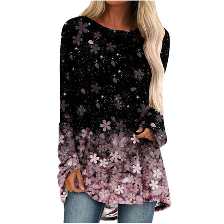 Sentmoom Womens 2022 Fall Casual T-Shirts  Graphic Printed Tunics Crew Neck Slim T Shirt Long Sleeve Cozy Lightweight Tunic Dressy Oversized T-Shirt L