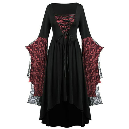 Women Plus Size Dresses Clearance Large Size Sleeve Skull Lace Print Long Sleeve Bandage Retro Long Dress