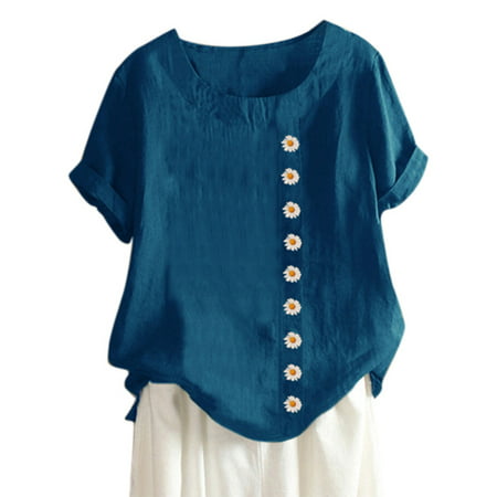 Plus Size Hoodies for Women Tops Button Down Shirts Linen Summer Short Sleeve 8875 Ladies Vintage Printing Loose Casual Shirt Top Blue XXXXL S O-Neck 
