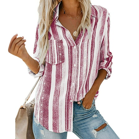Tokmisa C212 Womens Fashion V Neck Striped Roll up Sleeve Button Down Blouses Tops with Pocket Loose Shirt #We 6222