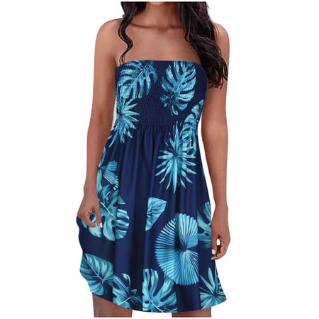Fall Dresses for Women Clearance Bohemian Style Strapless Elastic Band Dress Dresses Sleeveless Floral Print Dress