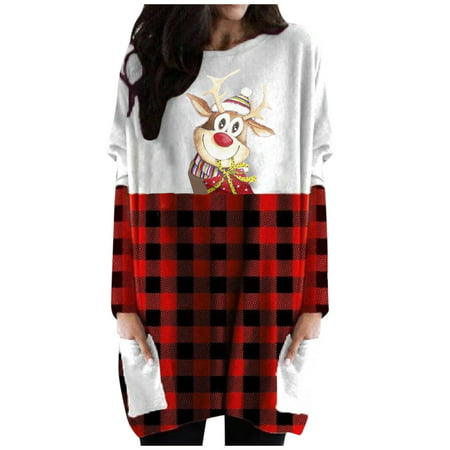 FengLS Women Casual Long Sleeve Round Neck Pocket Loose Christmas Printed Dress 10-Ladies Clothes-07A#9303 Womens Cloth MYFWomen Casual Long