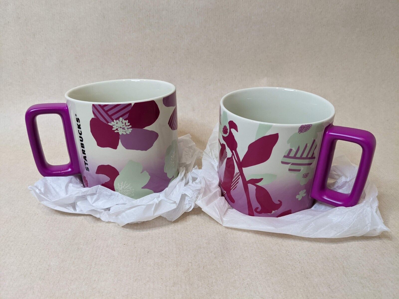 2 New Starbucks 2022 Pink Fuchsia Floral 12 Oz Ceramic Coffee Tea Mug Cup Brand