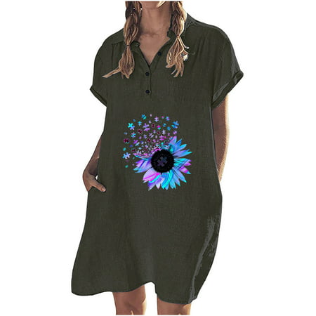 Usupdd Womens Dresses Women S Fashion Casual Cotton and Linen Short Sleeve Lapel Button Solid Color Dress Female Sundress 22020801-4719