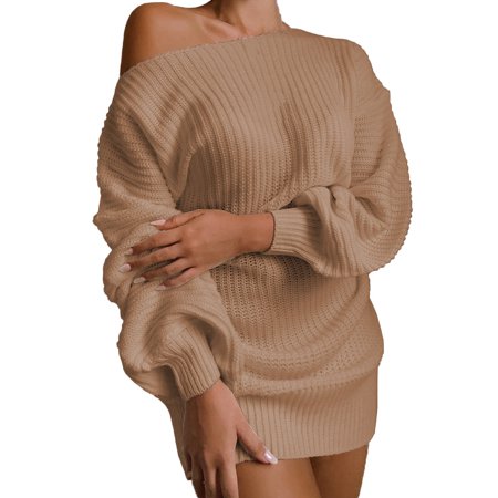 Usupdd Fall Dresses for Women 4888 Fashion Women Sexy Solid Lantern Sleeve Off Shoulder Long Sleeves Sweater Dress WBB221007-2867