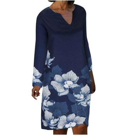 Usupdd Fall Dresses for Women 2022Women S Fashion Casual Comfortable Printed Long Sleeve V-Neck Knee Length Dress Usupdd WAA221006-6051