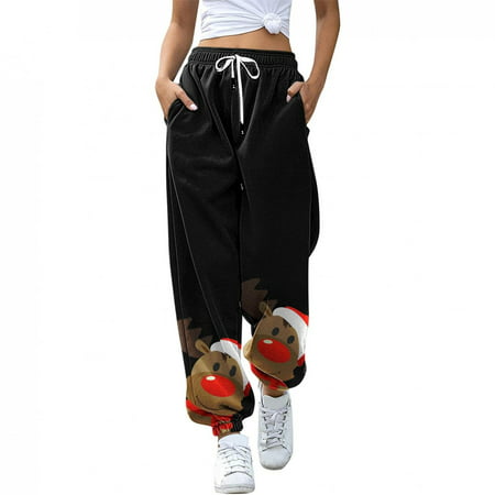 Sweatpants for Teen Girls High Waisted Trousers Women Christmas Print High Waist Sporty Gym Athletic Fit Jogger Baggy Lounge Pants with Pockets 8835 C