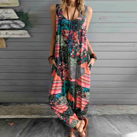 Tokmisa Ri674 Womens Fashion Sexy Ethnic Style Printing Suspender Jumpsuit with Pocket #5674 Pants