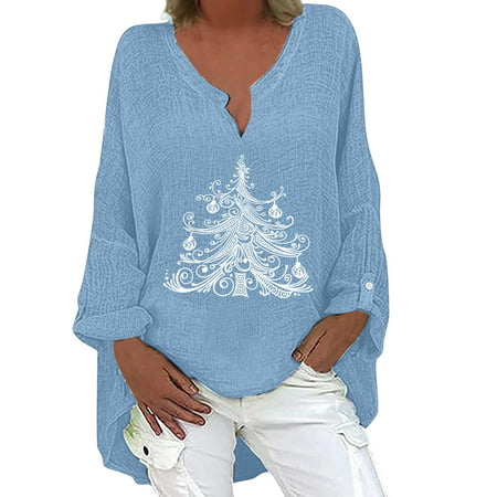 FengLS Women Long Sleeves Shoulder Cotton Linen V-Neck Loose Christmas Print Blouse Tunic Tops 10-Ladies Clothes-10A#9332 Womens Clothes MYFWomen Long