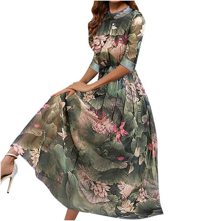 Usupdd Women S Summer Elegant Round Neck Zipper Half Sleeve Floral Printed Dresses Summer Crop Tops 3/4 Sleeve Shirts for Women Usupdd 220729-6331