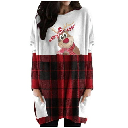 FengLS Women Casual Long Sleeve Round Neck Pocket Loose Christmas Printed Dress 10-Ladies Clothes-07A#9335 Womens Cloth MYFWomen Casual Long