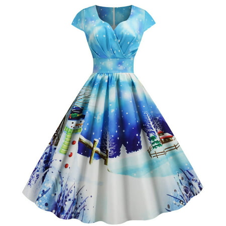 Usupdd Wedding Guest Dresses for Women Fall Women S Vintage Print Sleeveless V-Neck Christmas Evening Party Swing Dress Usupdd WAA221007-4804