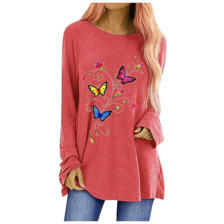 Sentmoom Long-Sleeve Cozy Relaxed T Shirt  T Shirts for Women Graphic Basic Relaxed Blouses Crew Neck Lightweight Classic Pullover Top Fashion Loose S