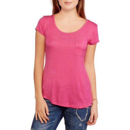 Juniors' Scoop Neck Essential Pocket Tee with Criss-cross Back Detail