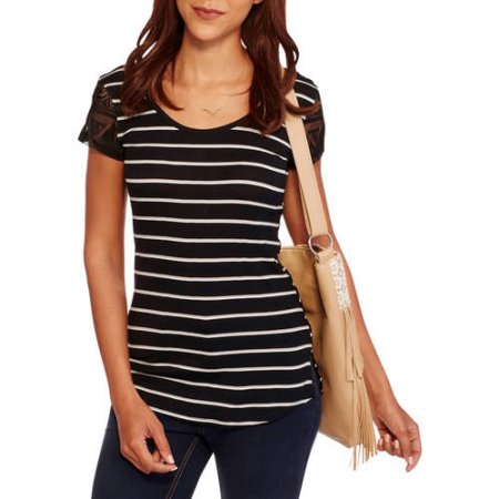 Moral Fiber Juniors' Hi-low Striped Lace Sleeve Tee