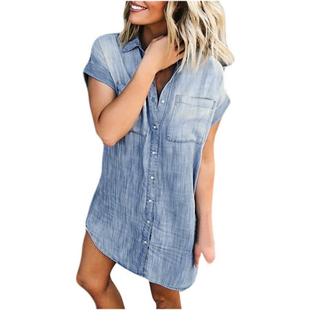 Dresses for Women 2022 Summer Dress Button Sun Dresses Women Summer Casual Solid V-Neck Short Sleeve Dress Fancy Dress Maid Dress Girls Summer Dresses