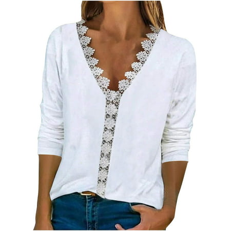 FengLS Women S Fashion T-shirt Floral Printed Lace Three Quarter Sleeve Blouse V-Neck Casual Tops 10-Ladies Clothes-07A#7263 Womens Cloth MYFWomen S F