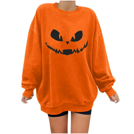 Usupdd Women S Halloween Pumpkin Print Funny Long Sleeve Casual Pullover Shirt Usupdd 220808-4742