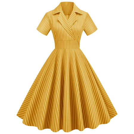 Dresses for Women 2022 Sun Dresses Women Summer Casual Collar High Waist Striped Short Sleeve Swing MIDI Dress Womens Summer Dresses Casual Maid Dress