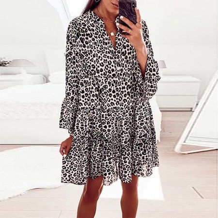 TOKMISA #1455 Women S V-Neck Stitching Printing Long Sleeve Fashion Casual Loose Dress Po Dress#2454