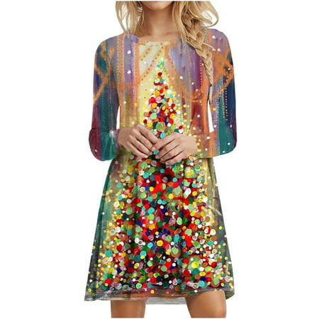 FengLS Women S Fashion Christmas Christmas Tree Print Long Sleeve Round Neck Dress 10-Ladies Clothes-07A#9862 Womens Cloth MYFWomen S Fashion Christma