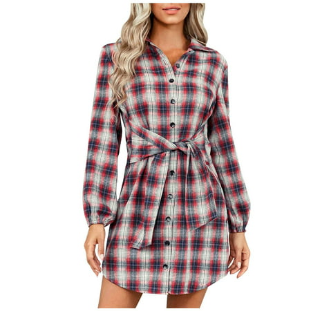 Usupdd Women S Summer Fashion Casual Long Sleeve Beach Plaid Print Dresses Summer Tops for Women 2022 Women Shirts Usupdd 220729-6678