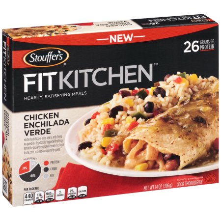 CHICKEN ENCHILADA VERDE WHITE MEAT CHICKEN, PINTO BEANS, AND CHEESE WRAPPED IN A FLOUR TORTILLA TOPPED WITH A TANGY TOMATILLO SALSA WITH SEASONED BROWN RICE, BLACK BEANS, COEN, AND POBLANO AND RED PEPPERS, CHICKEN ENCHILADA VERDE