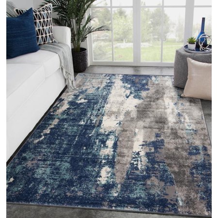 RENR Rugs – Euston Modern Area Rugs with Abstract Patterns 7681 – Medium Pile Area Rug  Dark Blue  Light Blue / 4 X 5