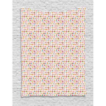 Dessert Tapestry  Confectionary Pattern of Pretzels and Candies on Pinky Polka Dotted Background  Wall Hanging for Bedroom Living Room Dorm Decor  60W