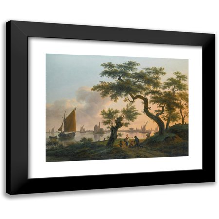 Frans Swagers 14x12 Black Modern Framed Museum Art Print Titled - Landscape with an Estuary  with Shipping on the Water and Figures on the Path in the
