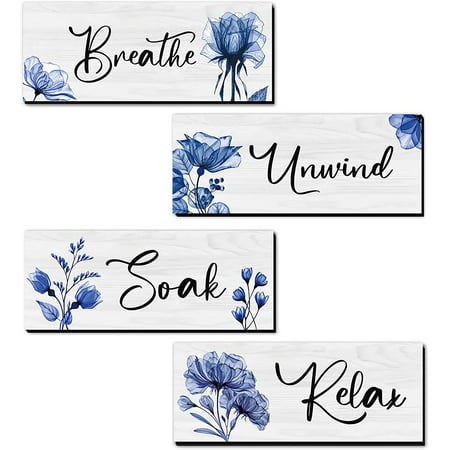 celivesgg 4 pieces bathroom wall decor  blue  flower wall art wooden hanging for gallery walls or home decoration  10  x 4  x 0.2