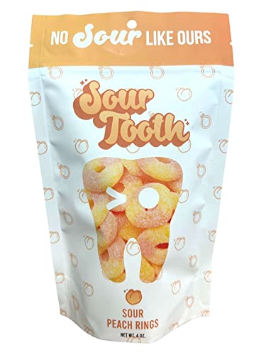 Sour Tooth Gummy Candy - Sour Belts, Sour Rings and Sour Fruits - 2 Bags (Sour Peach Rings)