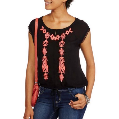 Moral Fiber Juniors' Drop Shoulder Peasant Top W/tie-front