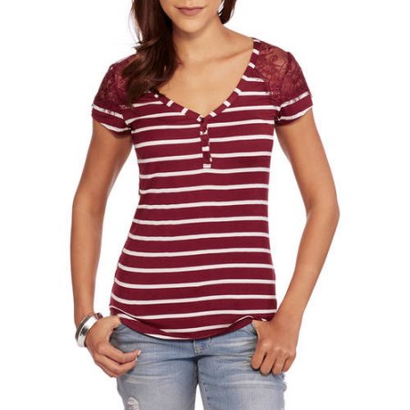 Moral Fiber Juniors' Lace Panel Short Sleeve Henley Tee