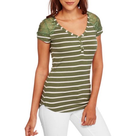 Moral Fiber Juniors' Lace Panel Short Sleeve Henley Tee