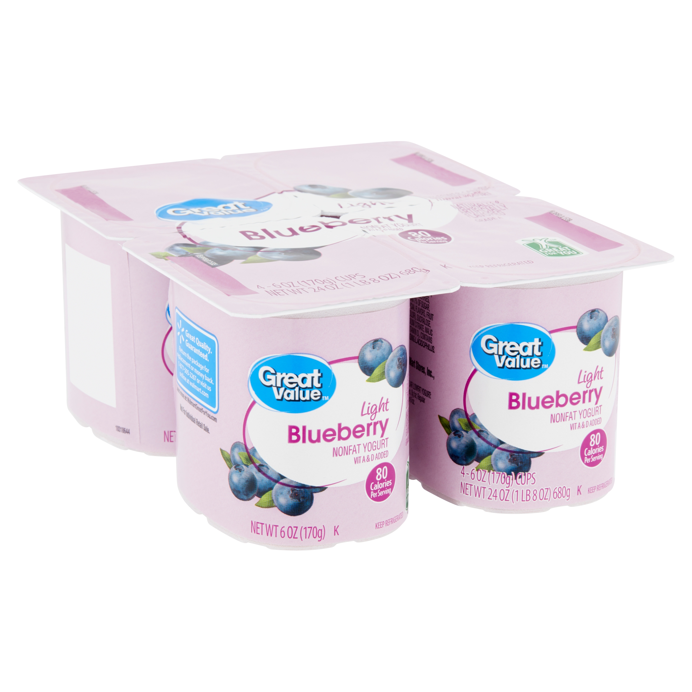 Great Value Light Blueberry Nonfat Yogurt, 6 Oz, 4 Count Image